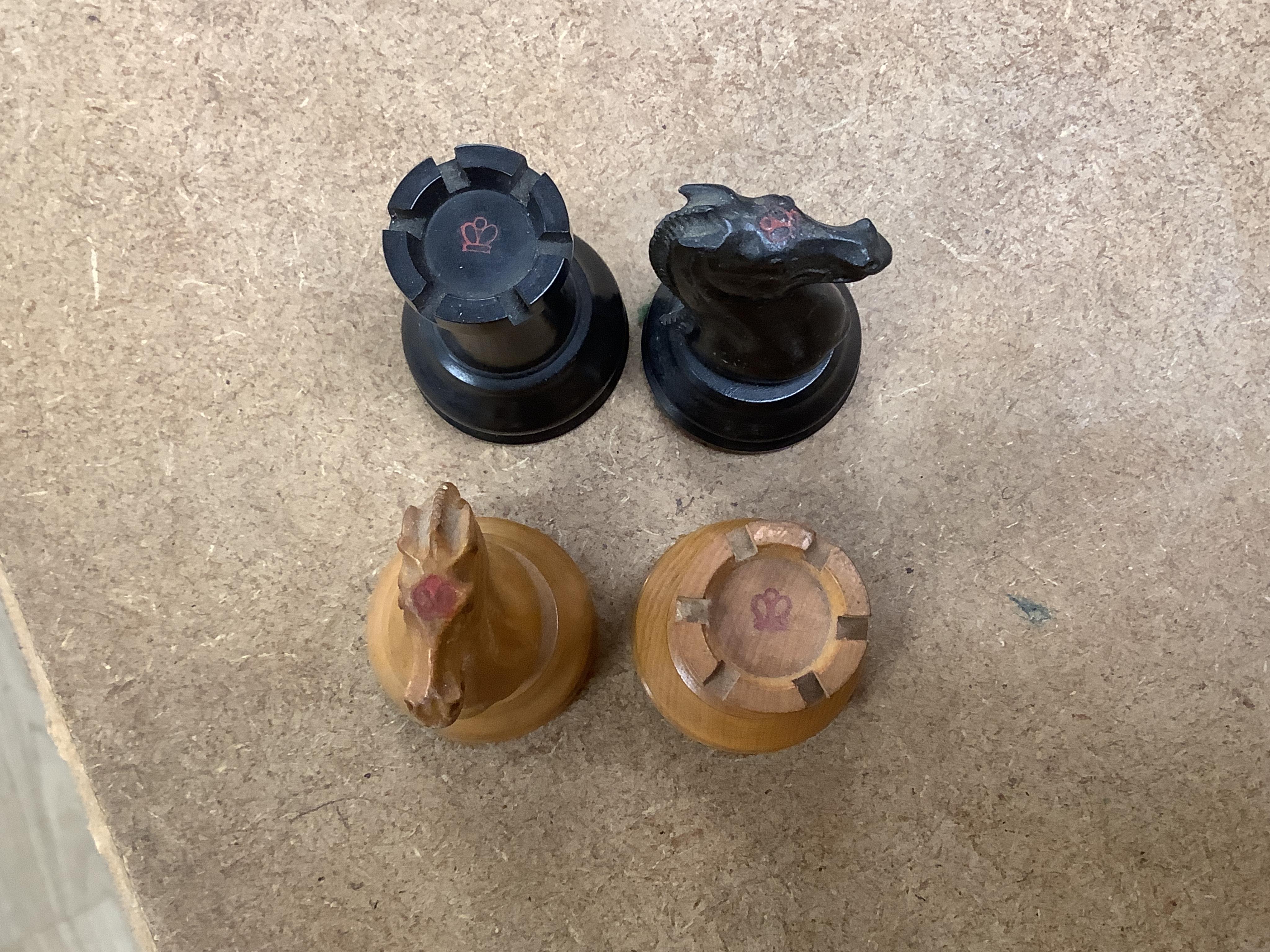 A Jaques Staunton pattern boxwood and ebony chess set, largest piece 8.5cm high